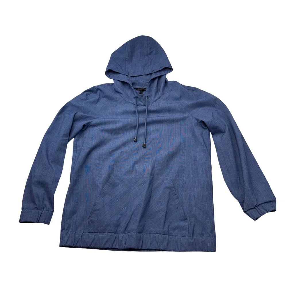 Banana Republic Men Small Blue Plaid Long Sleeve Pullover‎ Hoodie Pocket